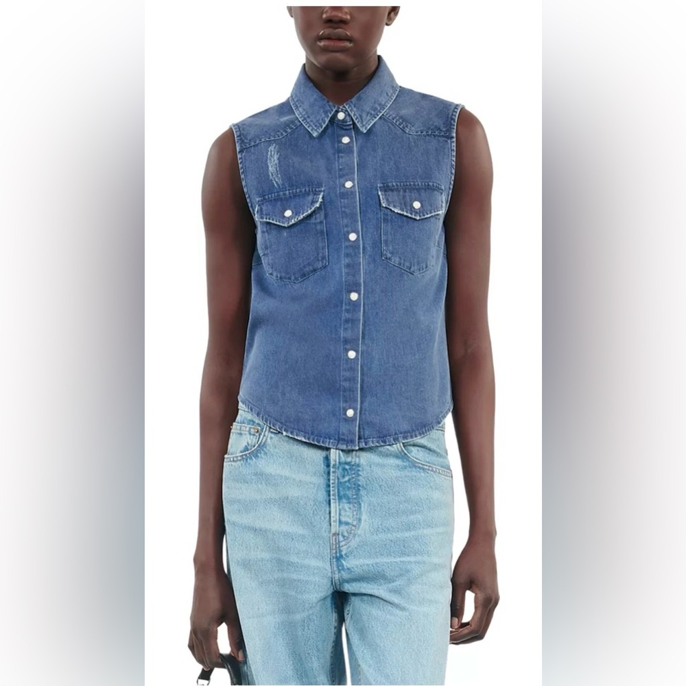 NWT The Kooples Blue Sleeveless Denim Button-Down Top (medium/large)